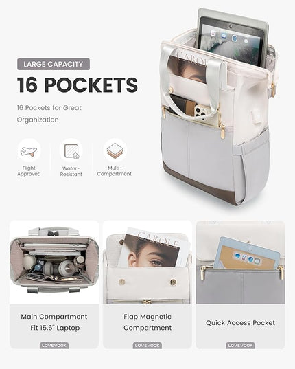 LOVEVOOK Laptop Backpack for Women, 15.6 Inch Work Laptop Bag with USB Port, Fashion Teacher Nurse Backpack Purse, Waterproof Travel Computer Backpack with Organizer Bag, 2PCS, Beige-Light Grey