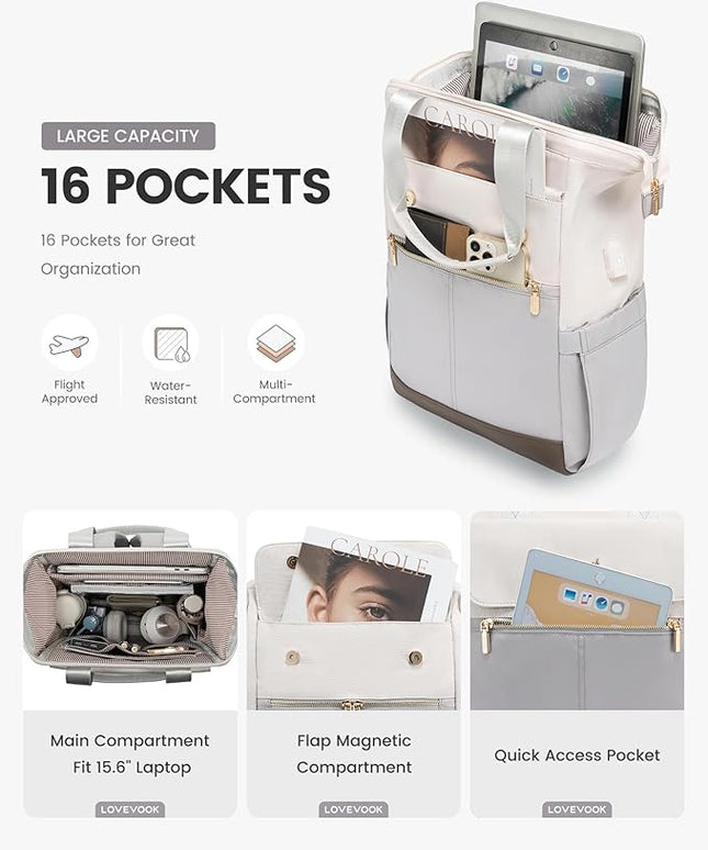 LOVEVOOK Laptop Backpack for Women, 15.6 Inch Work Laptop Bag with USB Port, Fashion Teacher Nurse Backpack Purse, Waterproof Travel Computer Backpack with Organizer Bag, 2PCS, Beige-Light Grey