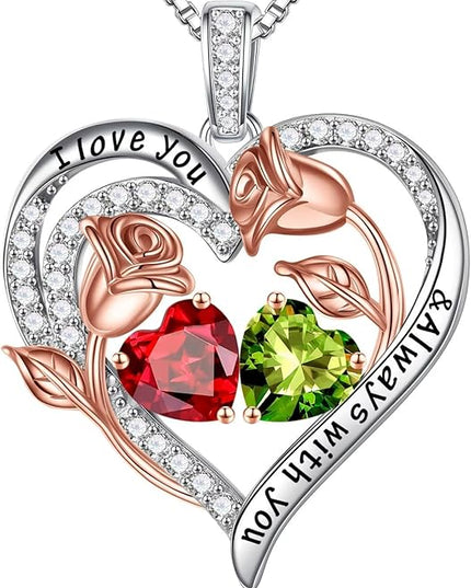 Iefil Christmas Gifts for Women Wife - 925 Sterling Silver Rose Heart Birthstone Necklace Birthday Anniversary Jewelry Gifts for Her Wife Mom Daughter