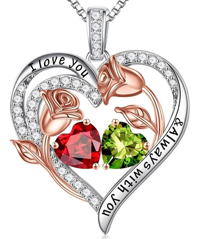 Iefil Christmas Gifts for Women Wife - 925 Sterling Silver Rose Heart Birthstone Necklace Birthday Anniversary Jewelry Gifts for Her Wife Mom Daughter