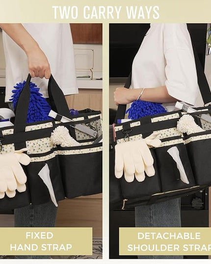 Wearable Cleaning Caddy, Cleaning Caddy Supplies Organizer with Handle & Shoulder Straps for Housekeepers, Under Sink & Car Cleaning Tool Organizers Bag with 4 Foldable Divider (YellowFlower)