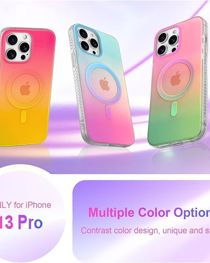 Aesthetic Case for iPhone 13 Pro Case for Women Girls, Compatible with Magsafe, Cute Girly Trendy Glitter Sparkly Rainbow Magnetic Protective Phone Cover, Matte Iridescent Blue & Pink