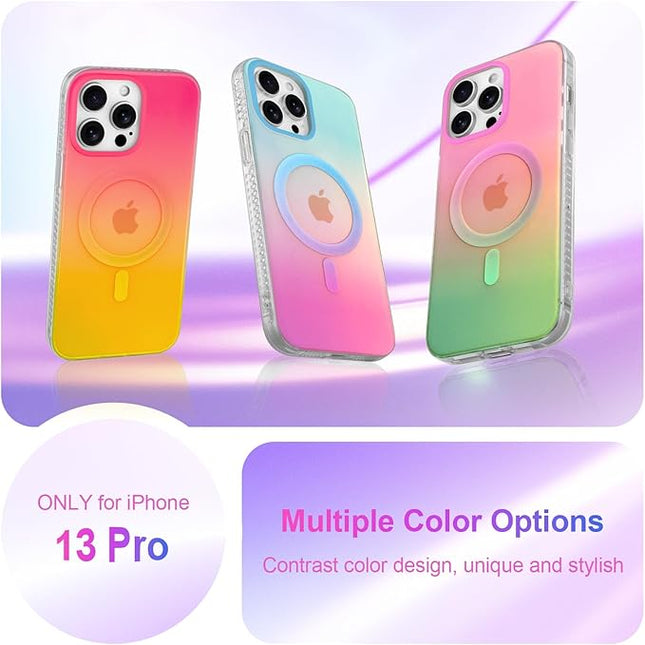 Aesthetic Case for iPhone 13 Pro Case for Women Girls, Compatible with Magsafe, Cute Girly Trendy Glitter Sparkly Rainbow Magnetic Protective Phone Cover, Matte Iridescent Blue & Pink