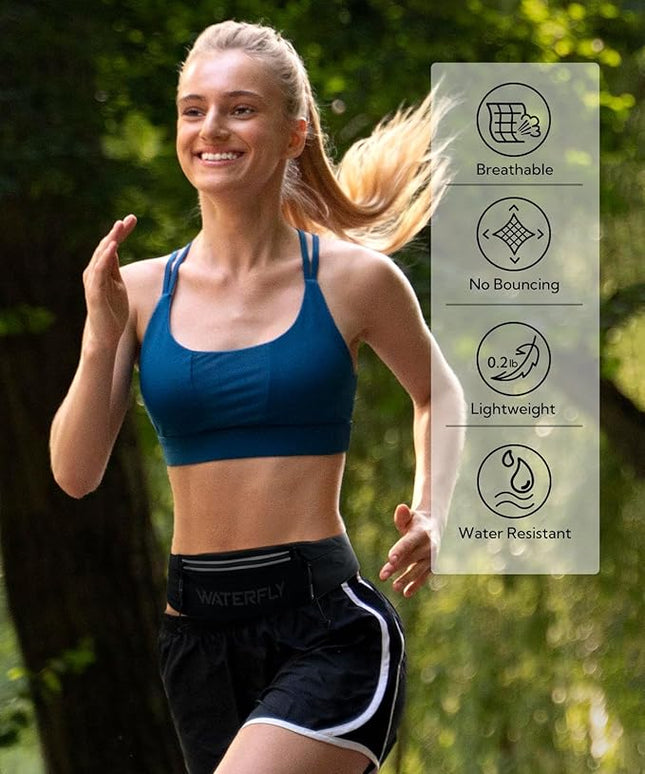 WATERFLY Running Belt Fanny Pack: Breathable 3 Pocket Waist Bag for Men Women Workout Exercise Fitness Phone Holder Fits All Phones - Runner Marathon Jogging Race Belt with Bib Clip Black
