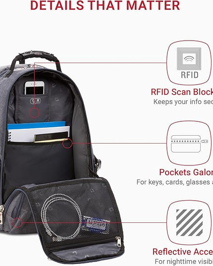 SwissGear 1900 ScanSmart 17” Laptop Backpack Grey Heather – Reflective Tech Backpack with ScanSmart Compartment – Multiple Organizer Pockets & RFID Scan Blocking Technology