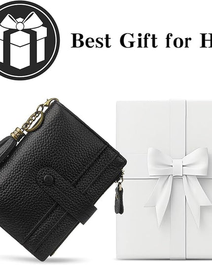 Blucoay Leather Wallet Women,RFID Blocking Small Wallet for Women Compact Card Holder Bifold Tassel Wallet Coin Purse With ID Window lzblack