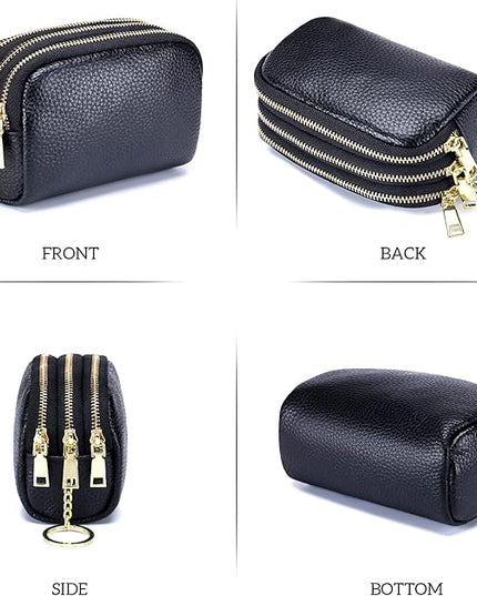 LINNO 3 Zippered Genuine Leather Coin Purse Triple Capacity Change Pouch Little Travel Wallet With Key Ring for Women