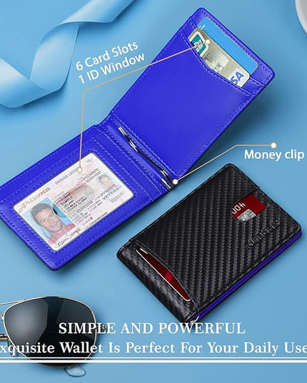 RUNBOX Slim Wallet for Men Genuine Leather RFID Blocking Bifold Minimalist Front Pocket Mens Wallet with Money Clip Thin Gift Box
