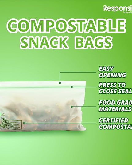 Responsible Products Certified Compostable SNACK Resealable Zip Bag, Extra Strength Food Bags, Plant-Based Freezer-Safe (92 Pack)