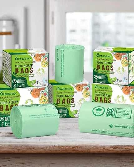 OrangeBio 6~8 Gallon Compostable Trash Bags, 100 Count, 30 Liter, 100 Count, 0.85 Mil Heavy Duty, Food Scrap Bags for Medium Bins, US BPI ASTM D6400 and OK Compost Home Certified