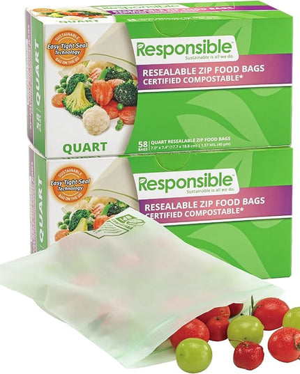Certified Compostable QUART Resealable Zip Bag, Extra Strength Food Bags, Plant-Based Freezer-Safe (116 Pack)