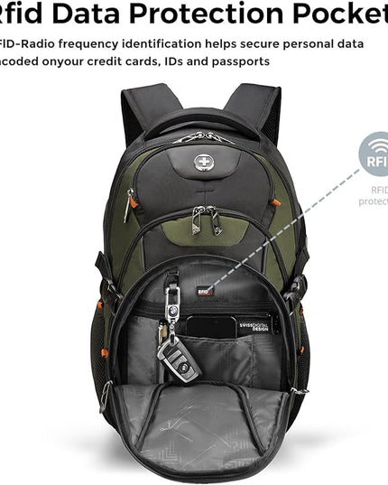Swissdigital Design Laptop Backpack with USB Charging Port, Travel Backpack Fits 15.6 inches Computer, 31L College School Backpack for Men, Olive/Black | SD803-26