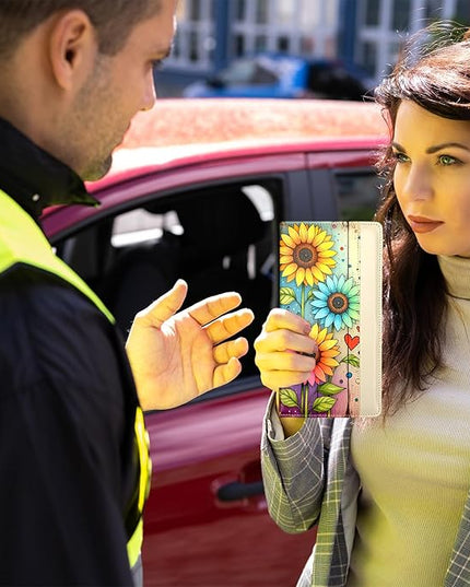 Car Registration and Insurance Holder with Magnetic Closure, Universal Document Organizer for License, Insurance Cards & Glove Box Storage (Sunflower-Colorful)