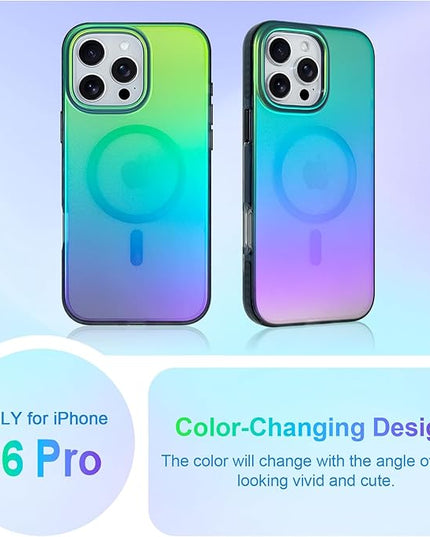 Aesthetic Case for iPhone 16 Pro Case for Women Girls [Compatible with Magsafe] Cute Girly Trendy Glitter Sparkly Rainbow Magnetic Protective Phone Cover, Matte Iridescent Blue & Green
