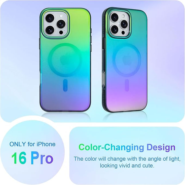 Aesthetic Case for iPhone 16 Pro Case for Women Girls [Compatible with Magsafe] Cute Girly Trendy Glitter Sparkly Rainbow Magnetic Protective Phone Cover, Matte Iridescent Blue & Green