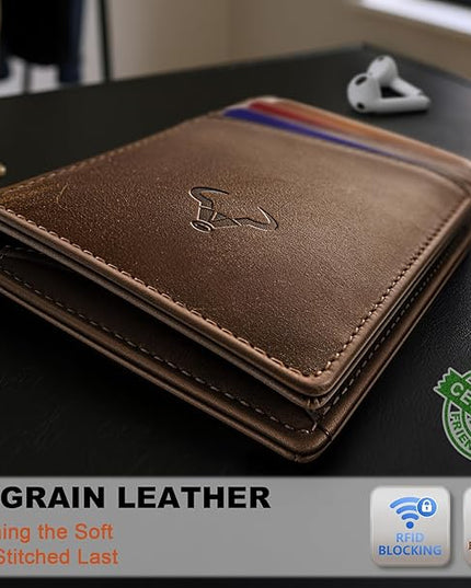 BULLIANT Men Wallet,Top Grain Leather Slim Wallet Magnetic Closure Simplifed Bill Folder RFID Blocking 11Cards