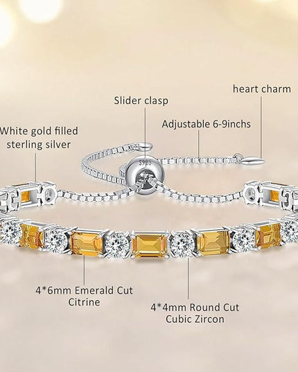 Birthstone Tennis Bracelets for Women White Gold Sterling Silver Gemstone Bracelets Adjustable Chain 6-9 Inchs Jewelry Anniversary Birthday Gifts for Women Mom Wife Her