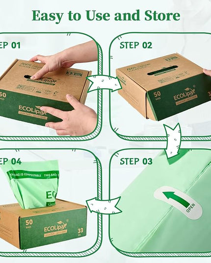 ECOLipak 33 Gallon Compostable Trash Garbage Bags, 50 Count (2 Rolls) Biodegradable Heavy Duty Large Outdoor Trash Bags for Lawn/Yard, US BPI ASTM D6400 and OK Compost Home Certified