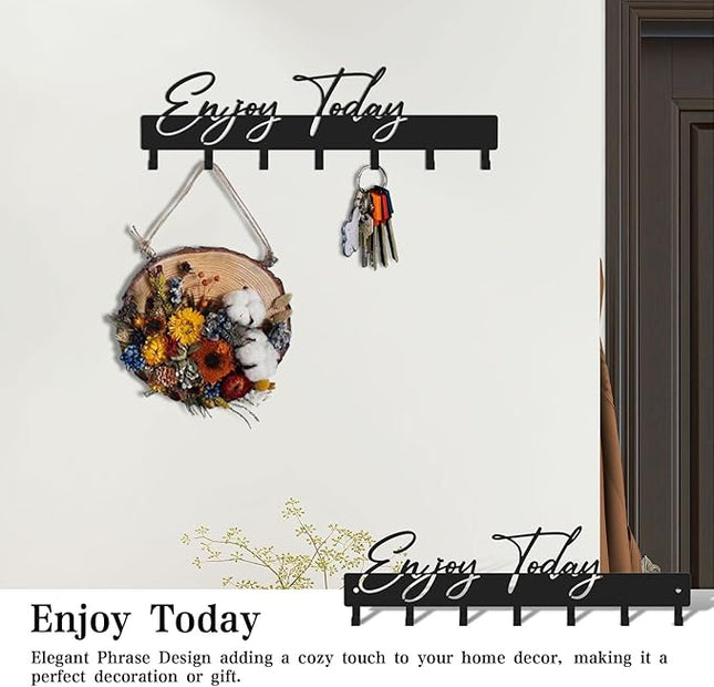 ShowMtheM Exquisite Fashion Phrase Key Holder Wall Mount,Enjoy Today Key Kooks for Wall Decoration,Black Metal Key Hanger with 7 Kooks for Entryway,Office,Living Room Decor
