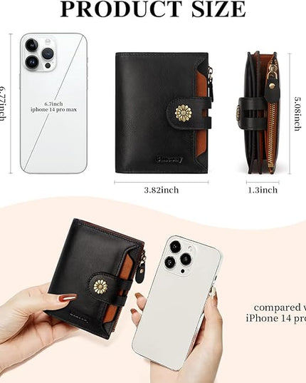 Blucoay Wallet Women,RFID Blocking Leather Womens Wallet Bifold Compact Card Holder Small Wallet for Women with Removable ID Window blackbrown