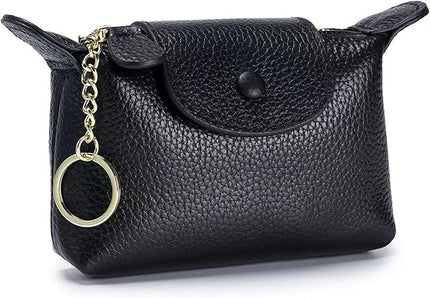 Plinvo Vintage Genuine Leather Coin Purse Keychain for Women Mini Zip Wallet Change Pouch Black (Black)