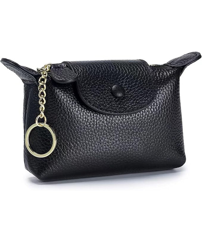 Plinvo Vintage Genuine Leather Coin Purse Keychain for Women Mini Zip Wallet Change Pouch Black (Black)