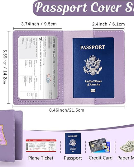 ULICO Initial Passport Cover and Luggage Tag Set,PU Leather Letter Passport Case Holder Travel Suitcase Tag, Personalized Travel Luggage Accessories Gifts for Women Kids Teenage Purple I