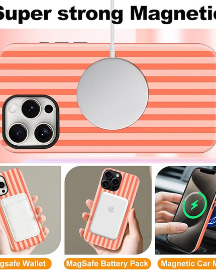 Magnetic for iPhone 13/14 Case Cute Stripes Phone Case, Shockproof Slim TPU and Hard PC Protective Phone Cover Compatible with MagSafe Designed for Women Girls, Deep Orange