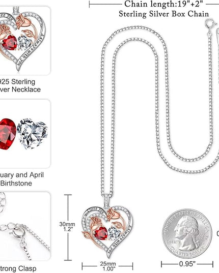 Iefil Christmas Gifts for Women Wife - 925 Sterling Silver Rose Heart Birthstone Necklace Birthday Anniversary Jewelry Gifts for Her Wife Mom Daughter