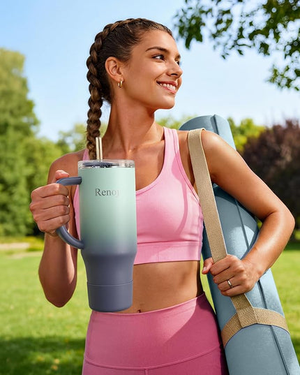 Renoj Tumbler with Handle 100% Spill Resistant Insulated Water Bottle for Iced Coffee & Hot Drinks - Fits Car Cup Holder, Ideal Gift, 2 Straws & Silicone Boot BPA-Free - FlexSlide Blue Gradient 32 oz
