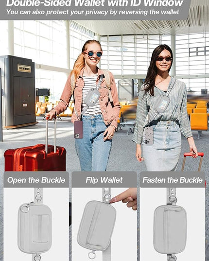 Clip and Go Strap for Phone with Wallet Crossbody Phone Lanyard Adjustable and Detachable RFID Wristlet Wallet with ID Window and Zipper, Grey