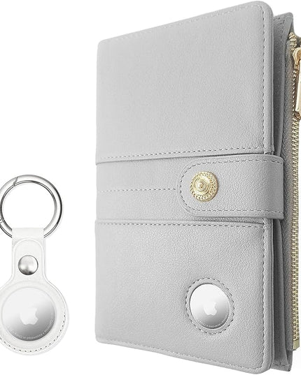 elzama Passport Holder with Airtag Slot for Travel Women, RFID Passport Wallet with Airtag Holder, Zipper Pocket Card Slots Pen Holder & Airtags Keychain (Air tag Not Included) Light Grey