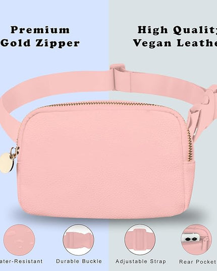 Pink Leather Belt Bag for Women – Stylish Crossbody Fanny Pack, Large Leather Waist Bag, Trendy Everywhere Belt Bag, Fashionable Cross Body Fanny Pack for Travel & Everyday Use