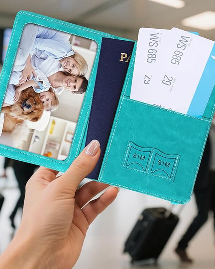 Passport Holder for Travel, RFID Blocking Passport Cover with Pen Holder Leather Passport Wallet Case Travel Must Haves Accessories Passport Book Card Holder for Family Travel Essentials, Turquoise