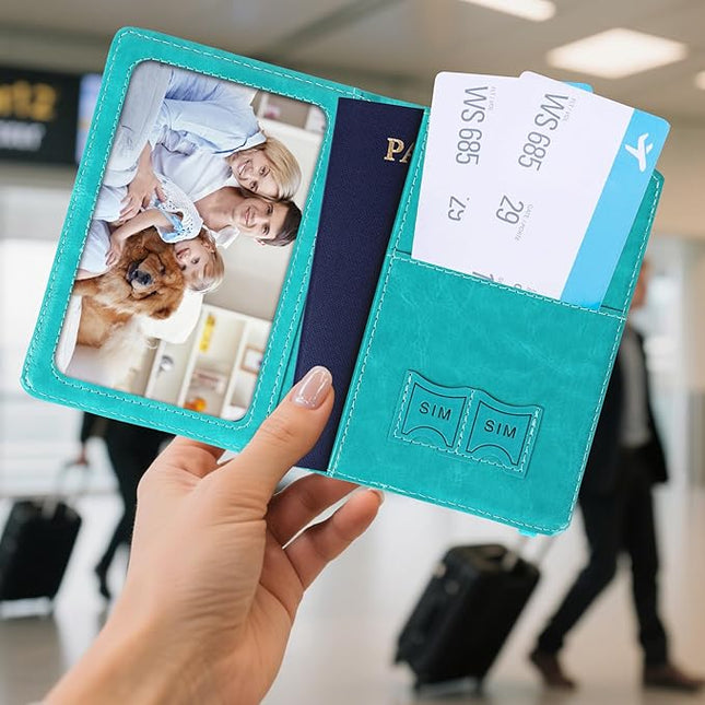 Passport Holder for Travel, RFID Blocking Passport Cover with Pen Holder Leather Passport Wallet Case Travel Must Haves Accessories Passport Book Card Holder for Family Travel Essentials, Turquoise