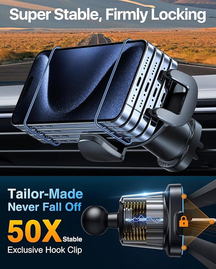 YRU Phone Holders for Your Car [2026 Upgraded Military Metal Hook], Cellphone Holder Car[No Fear of Bumps] Vent Phone Mount Truck Compatible with iPhone17 16 15 14 13 12 Samsung Android, Grey