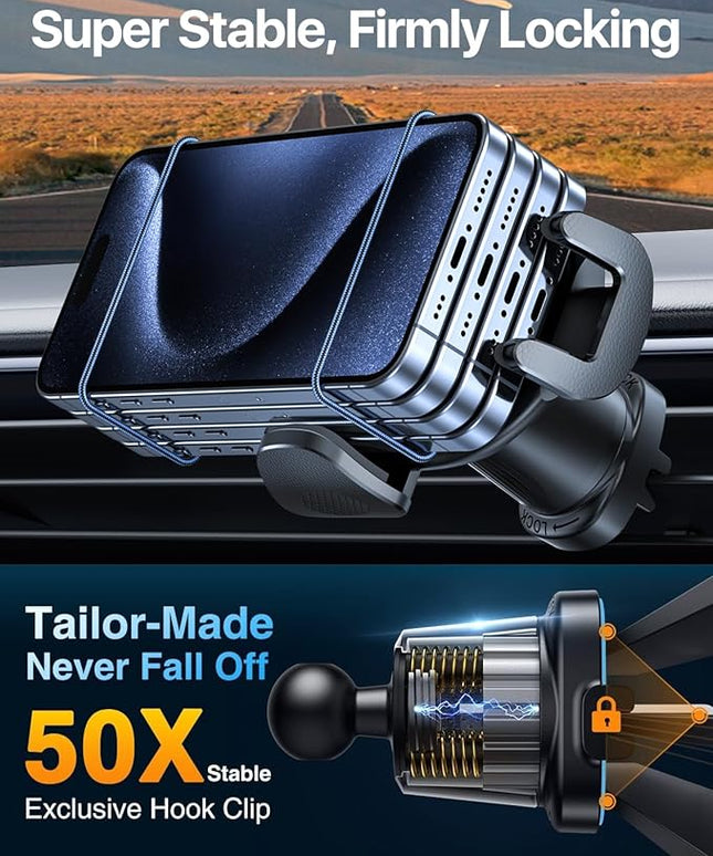 YRU Phone Holders for Your Car [2026 Upgraded Military Metal Hook], Cellphone Holder Car[No Fear of Bumps] Vent Phone Mount Truck Compatible with iPhone17 16 15 14 13 12 Samsung Android, Grey