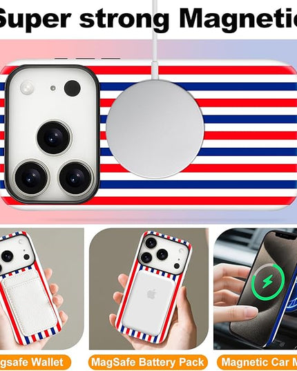 Magnetic for iPhone 17 Pro Max Case Cute Stripes Phone Case, Shockproof Slim TPU and Hard PC Protective Phone Cover Compatible with MagSafe Designed for Women Girls, Red and Blue
