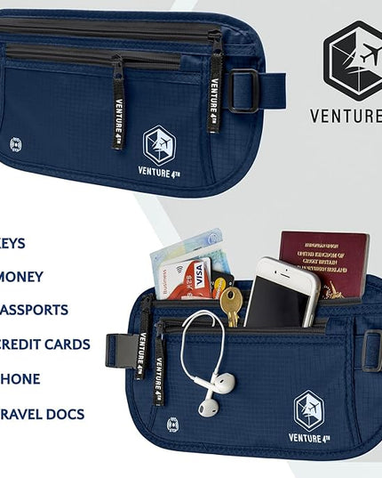 VENTURE 4TH Money Belt for Travel – Hidden Under-Clothes RFID Blocking Passport Holder & Slim Travel Wallet Pouch for Men & Women to Protect Cash, Cards & Documents (Navy Blue)