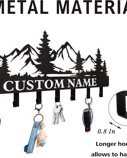 Dyoart Personalized Custom Mountain Theme Key Holder with Name, Metal Wall Mount, Coat Rack, Key Hooks, Home Decor Gift
