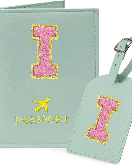 COSHAYSOO Initial Passport Cover Luggage Tag Set Letter Passport Holder Airplane Cruise Travel Essentials Vacation Traveling Accessories Personalized Gifts for Women Teen College Girls Teal I
