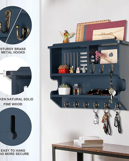 Mutsault Key Holder for Wall, Mail and Key Holder for Home Decor, Key and Mail Holder for Wall with Key Hooks, Gray