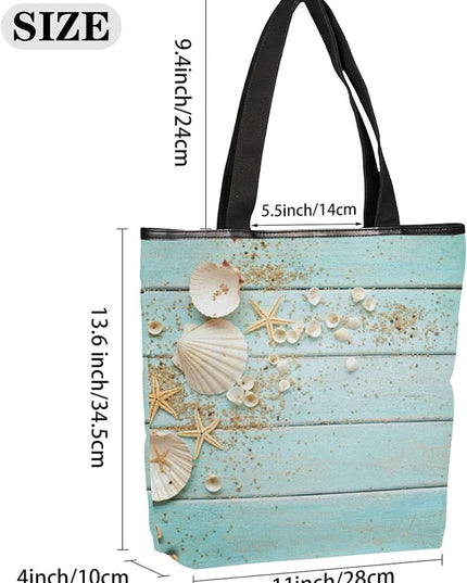 Pardick Blue Wooden Seashell Canvas Tote Bag, Womens Shoulder Bag Handbag with Zipper Book Tote Reusable Grocery Shopping Bags Beach Bag