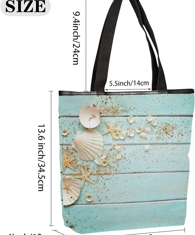Pardick Blue Wooden Seashell Canvas Tote Bag, Womens Shoulder Bag Handbag with Zipper Book Tote Reusable Grocery Shopping Bags Beach Bag
