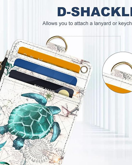Slim Wallet Credit Card Holder, Map TurtleX, RFID Wallet Women Cute Small Front Pocket Wallet With Zipper, PU Leather Thin travel RFID Blocking Card Case ID Window,Ladies Gifts
