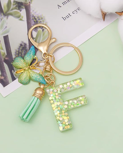 Fashion Alphabet Initial Letter Keychain Tassel Butterfly Pendant Key Ring for Purse Handbags Women Girl