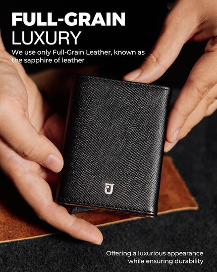 Jenoss Smart AirTag Wallet for Men: Full Grain Leather, Handcrafted, Silver Pop Up Case,Slim, RFID Blocking Credit Card Holder Compact, 12 Slot Organizers ID Cash Apple Air Tag Tracker (Black&Brown)