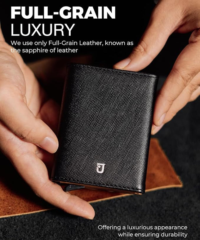 Jenoss Smart Wallet For Men: Full Grain Leather, Handcrafted, Silver Metal Pop Up Case, Slim RFID Blocking Credit Card Holder, Minimalist Compact 12 Cards Slot Organizers ID Money Clip (Black & Brown)