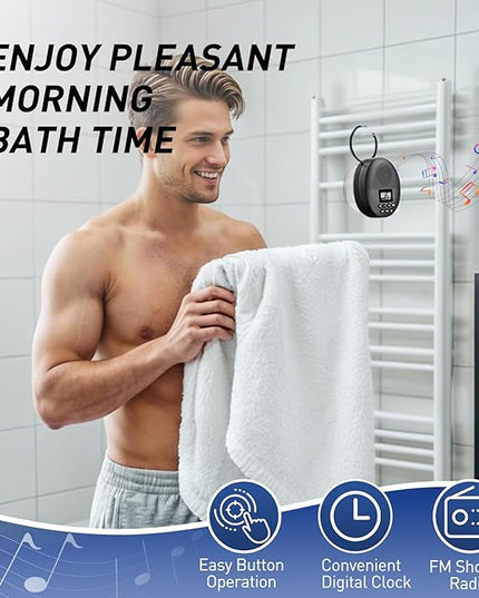 Shower Radio Speaker with Bluetooth 5.0, AGPTEK Waterproof Wireless Bathroom FM with Suction Cup 12H Long Playback Time, Lanyard, LCD Screen Display, Handsfree Calling, Storage Card Playback (Black)