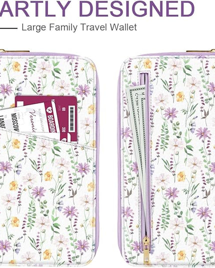 Family Passport Holder Wallet RFID Blocking Document Organizer PU Leather Mulit-purpose Travel Wallet Credit Cards Case for Women Men, White Daisy